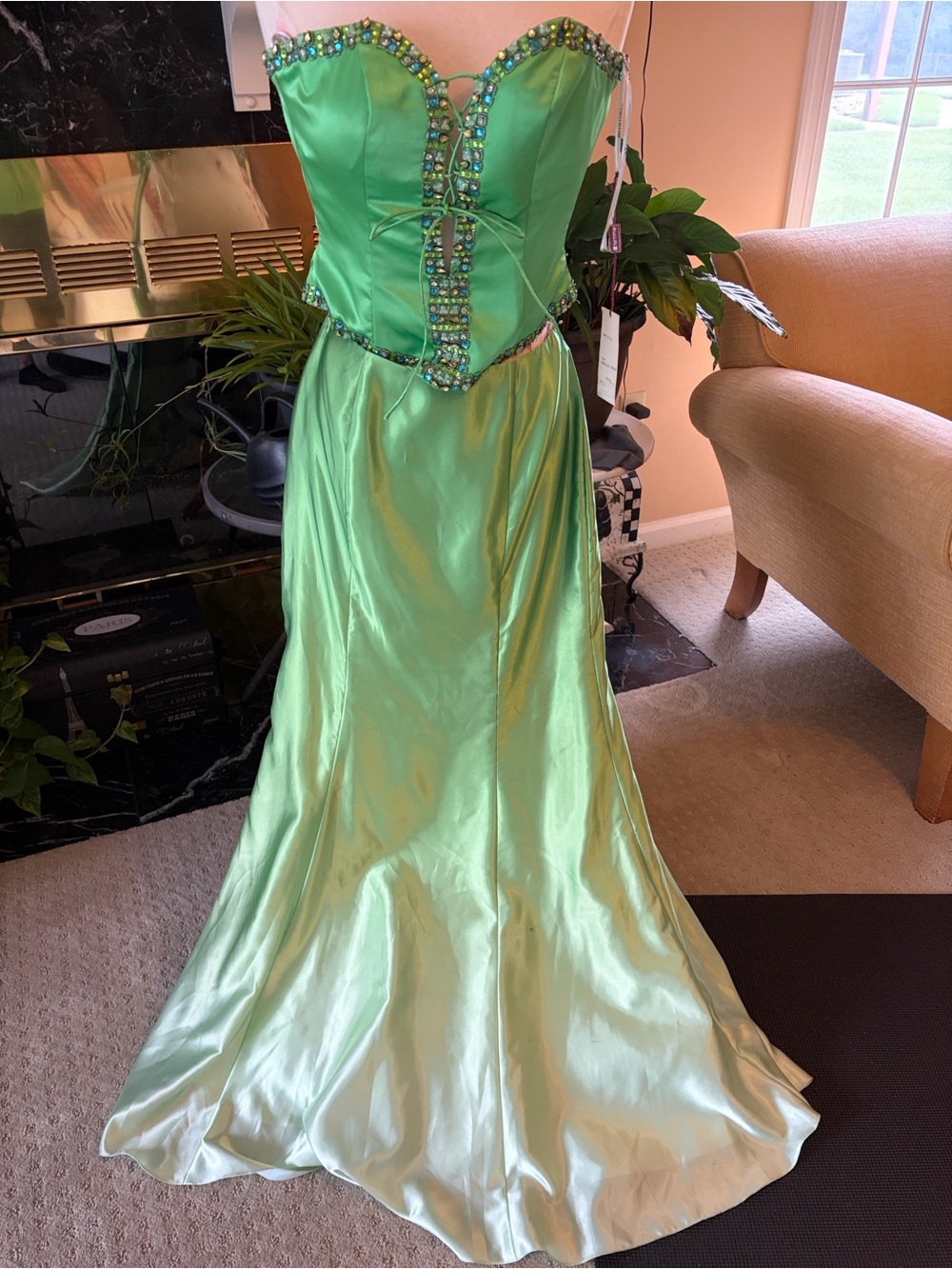 La Femme Mint Green Beaded Satin Prom Gown